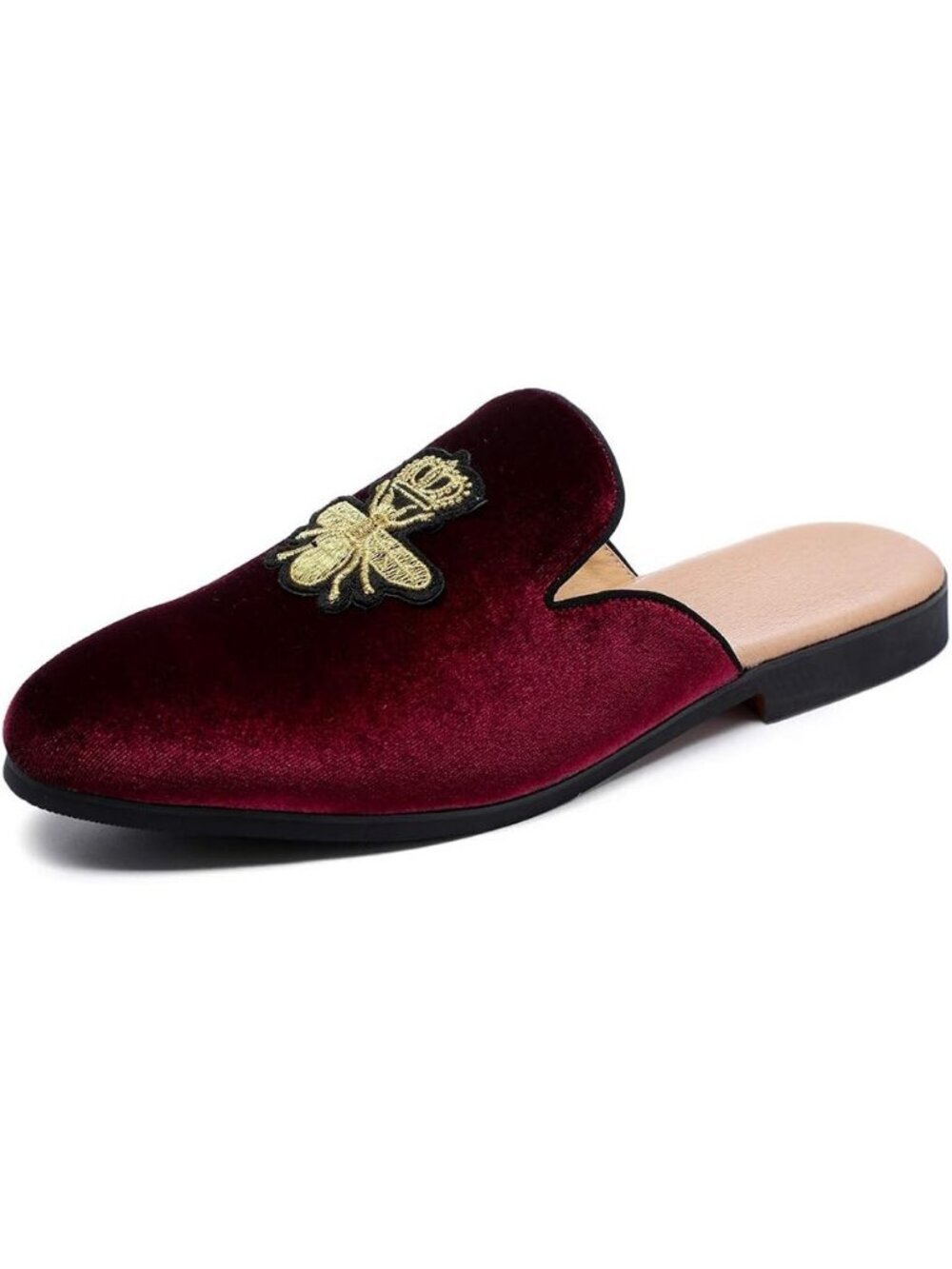 Men's Red Rubber Sole Velvet Leather Crown Embroidery Slip On Loafer Slippers